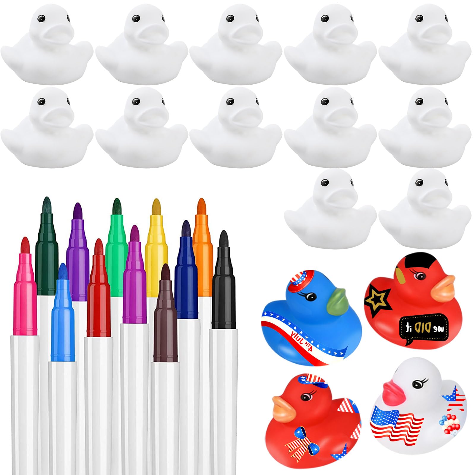 White Blank Rubber Ducks DIY, Float Bath Toy Squeaky Duckies with Waterproof Color Pens for Birthday Party Favors, Easter Party Gifts Summer Pool Activity (15Ducks 12Pens)