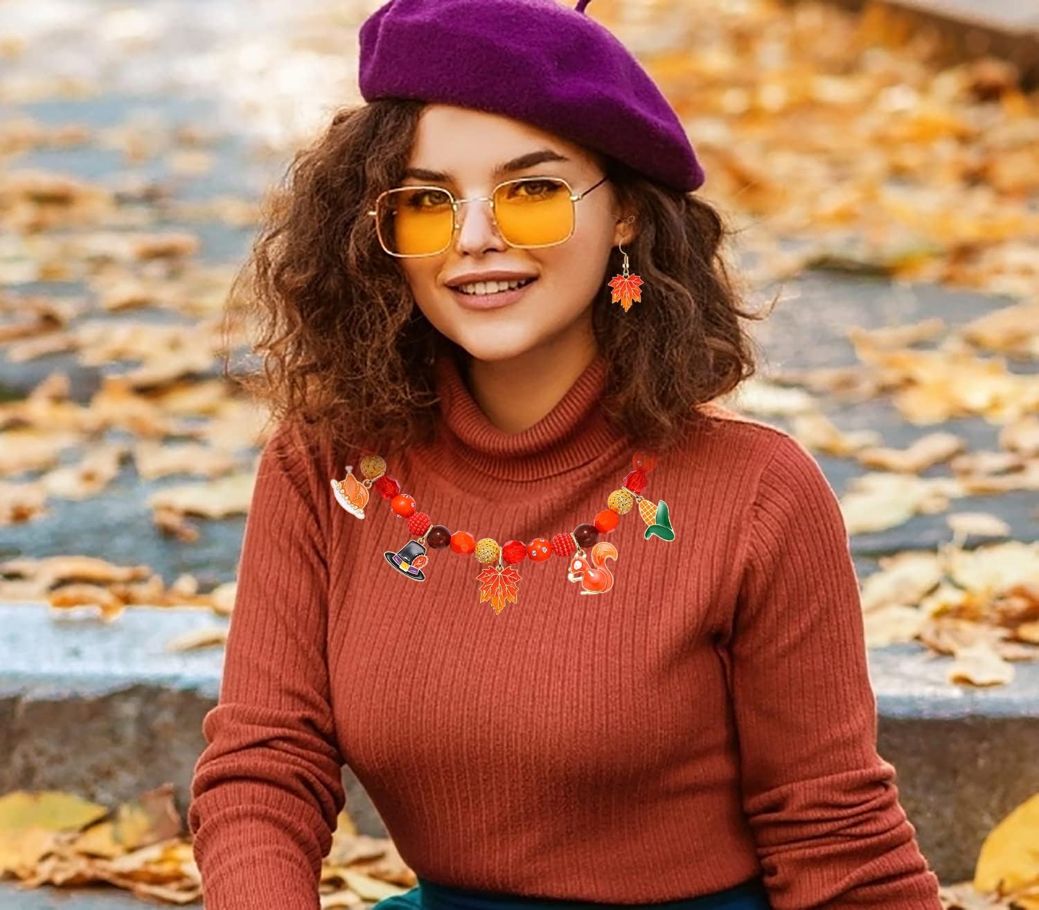 HEIDKRUEGER Thanksgiving Jewelry Sets for Women,Chunky Rhinestone Beaded Necklace Bracelet Autumn Maple Leaves Squirrel Corn Turkey Charm,Maple Leaf Dangle Earrings,Thanksgiving Day Fall Gift - Image 4