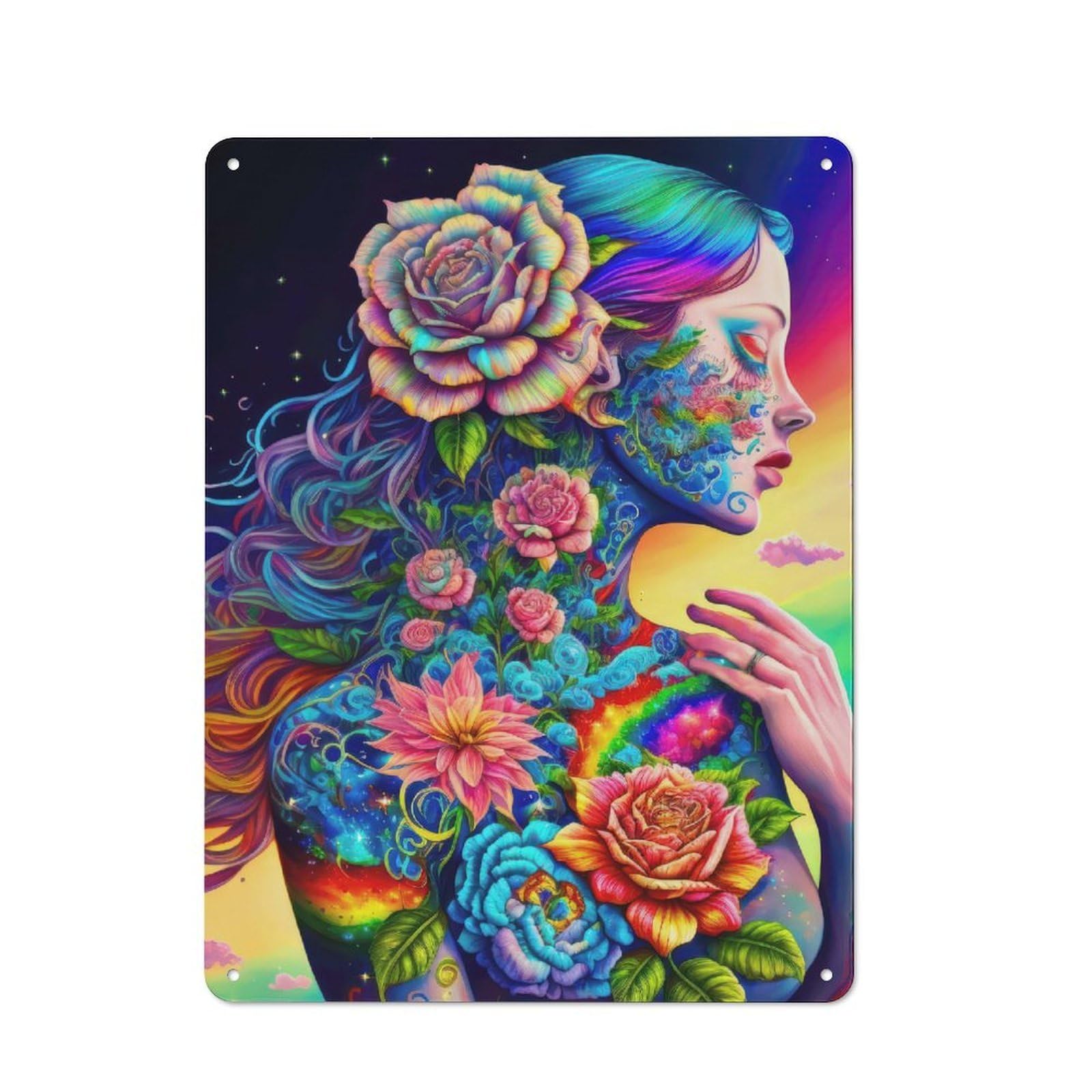 Junmoney Rainbow Flower Goddess Rustic Tin Sign 40X30cm For Home Bar Wall, For Home Interiors, Feature Walls And Decorative Displays