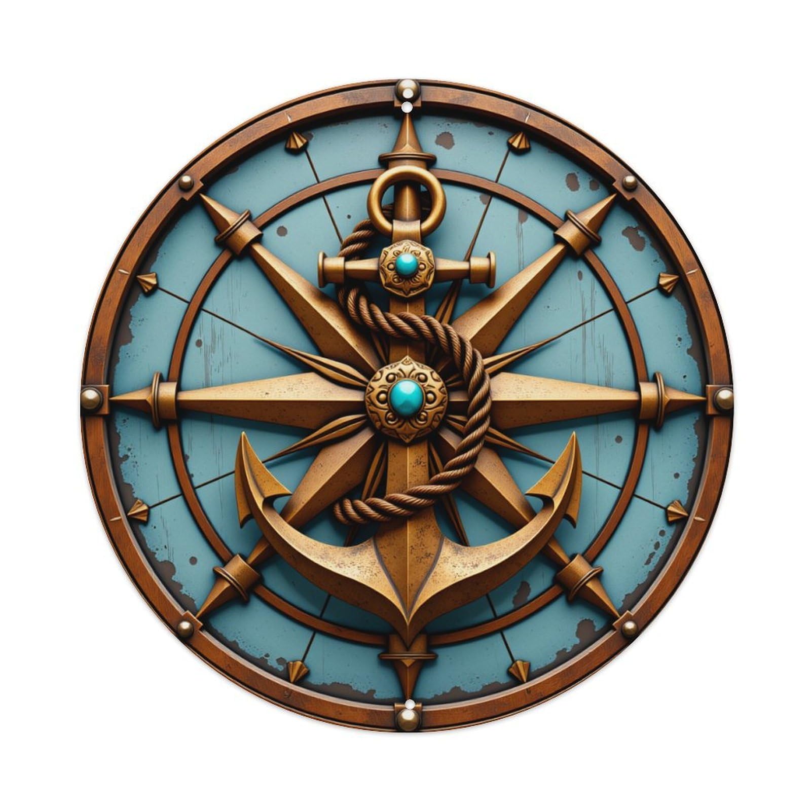 Compass Anchor Rope Turquoise Metal Round Tin Sign Retro Metal Sign for Cafe Bar Pub Home Game Room Gym Club Wall Decoration Vintage Metal Poster 8x8 Inch