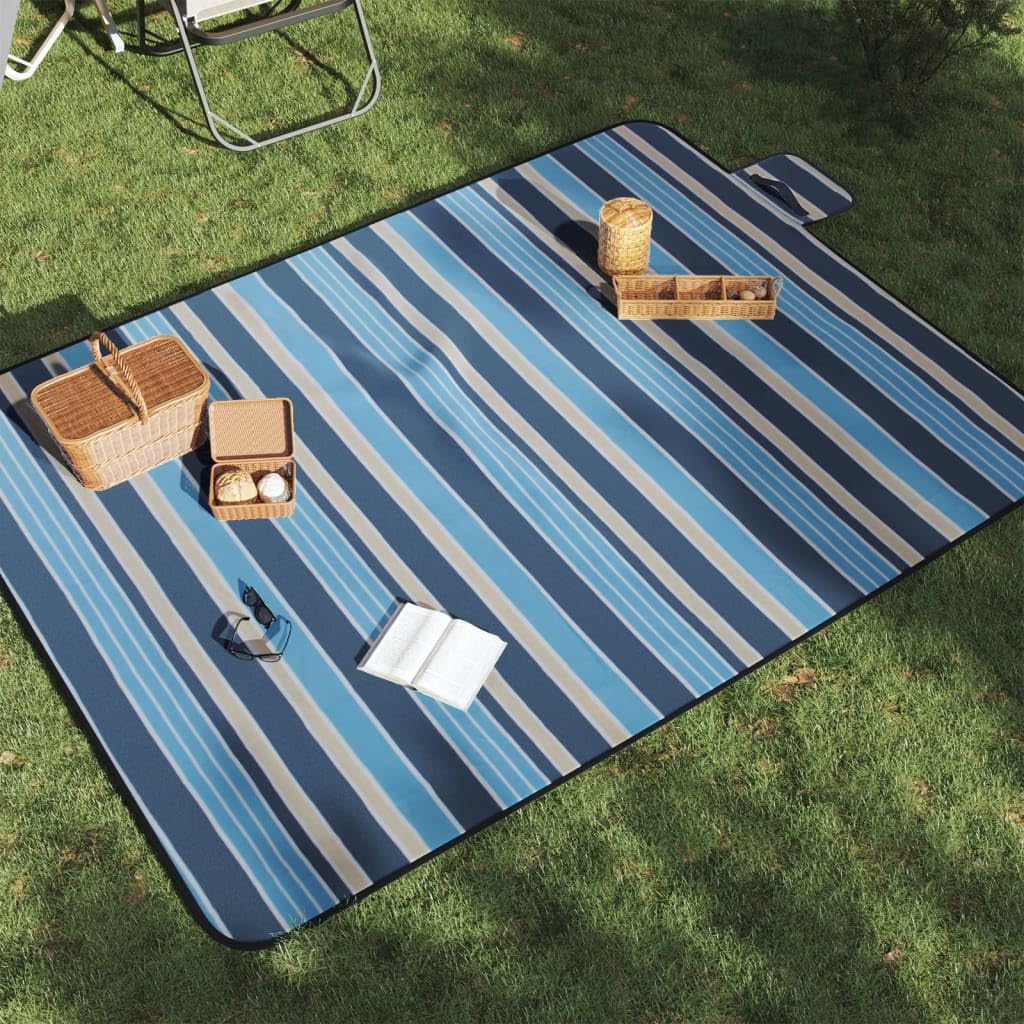 Picknickdecke Faltbar Blau und Weiß Gestreift 200x150 cm Samt mit Tragetasche, Outdoor Camping, Wandern, Trekking Zubehör für Picknick, Reise, Lager und Freizeit