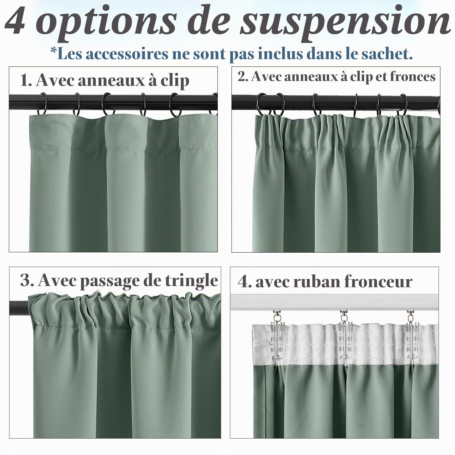 Vangao Rideau Occultant Galon Fronceur Salon Fenetre Chambre Balcon Rideaux Thermiques 140L x 175H cm Lot de 2 Opaque Moderne Interieur pour Rail Decoration Anti-Bruit et UV, Vert Sauge