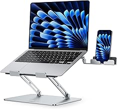Laptop Stand for Desk with Phone Holder, Aluminum Adjustable Laptop Stand Foldable Ergonomic Laptop Riser for MacBook Air Pro, Dell XPS, HP Acer,Lenovo Notebook(10-16'') -Argent