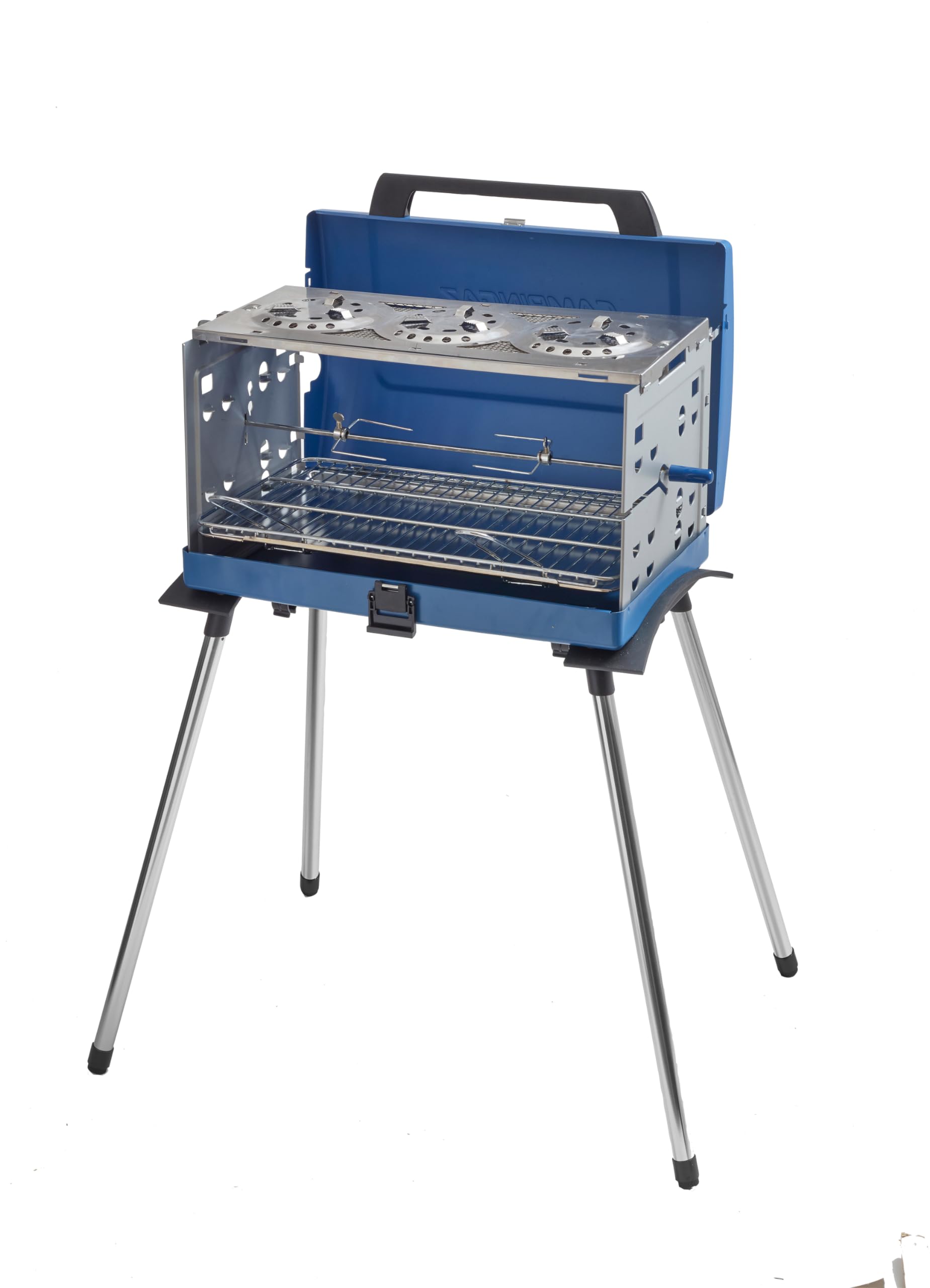 Campingaz Camping Grill Pueblo IV 200 SGR, Gasgrill Camping mit abnehmbaren Füßen, tragbarer Grill und 3-fach Kocher in einem Koffergrill, inkl. Drehspieß, 5.200 Watt, 72,5 x 54 x 108 cm