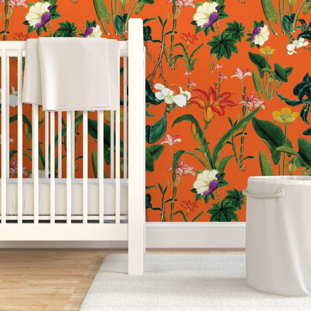 Removable Wallpaper 6ft x 2ft - Vintage Style Botanical Floral Bright Orange Green Flowers Custom Pre-Pasted Wallpaper by Spoonflower