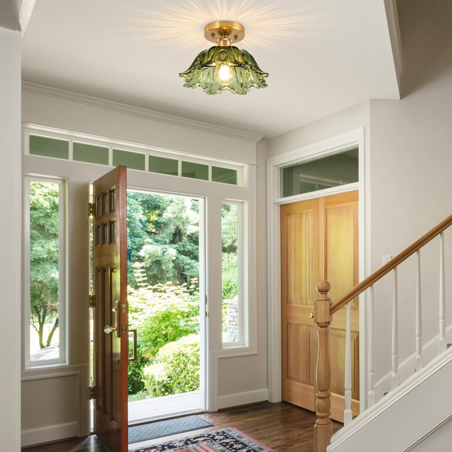 Semi Flush Mount Ceiling Light, Vintage Ceiling Light 11", Green Shade Glass Light Fixture for Kitchen Bedroom Dining Room,Bulb not Included