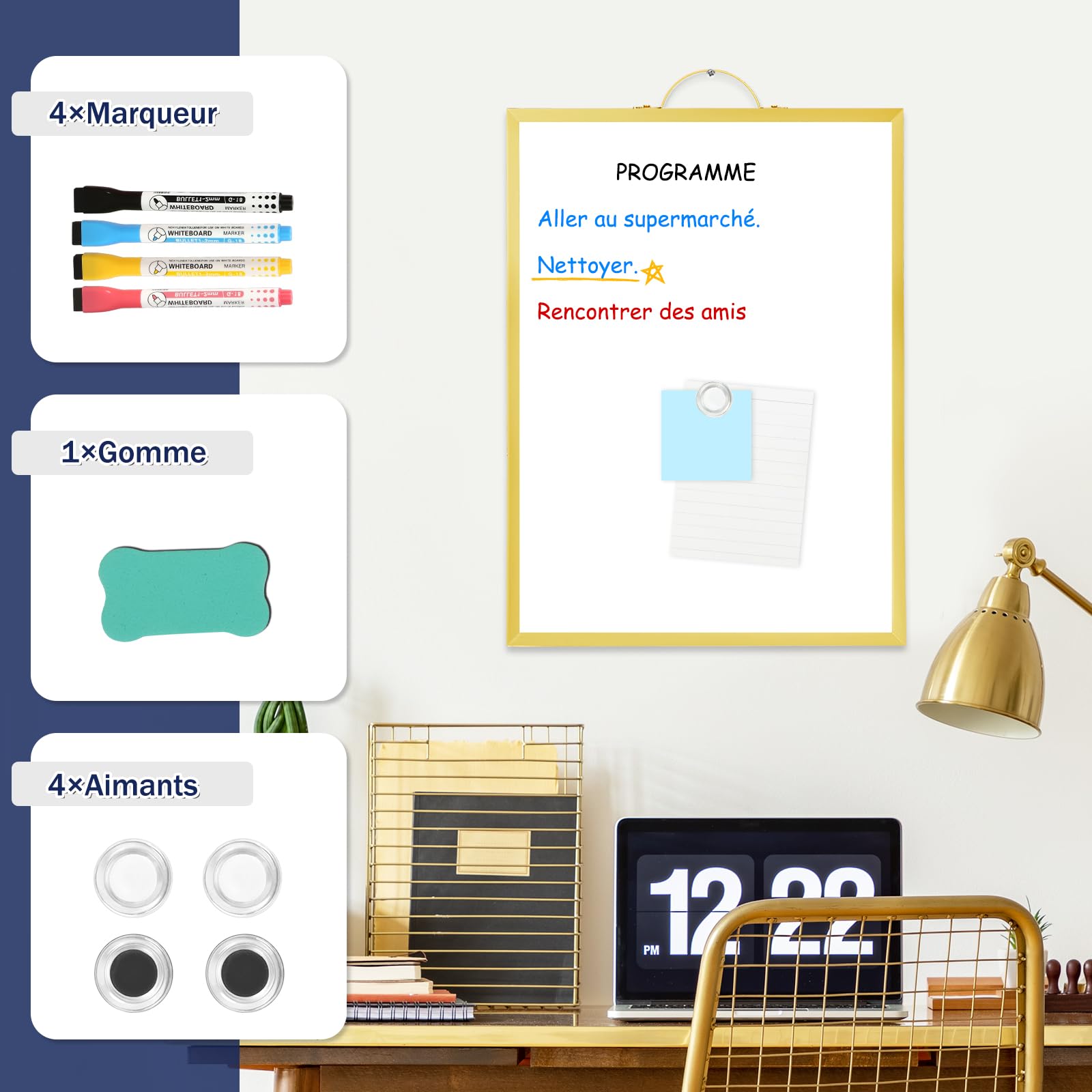 DOLLAR BOSS Petit Tableau Blanc Magnétique Effaçable à Sec, Double Face, Cadre En Aluminium Portable Pour Bureau, Maison, Cuisine, école Avec 8 Marqueurs, 8 Aimants, 1 Gomme - 40,6 X 30,5 Cm