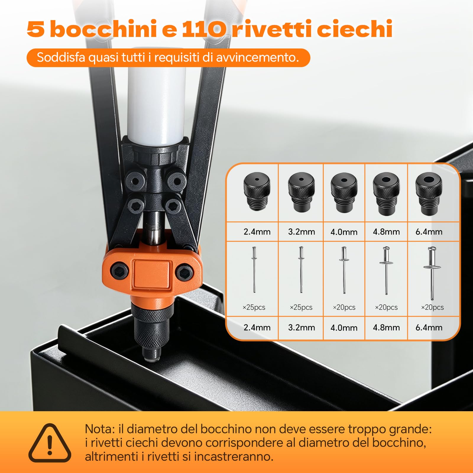 Set Pinzatrice per Rivetti da 13" con 110 Rivetti per Rivettatrice Cieca da 6,4 mm-2,4 mm, 5 Bocchini Intercambiabili, Rivettatrice Manuale per Auto, Lavori in Metallo, Mobili, Strumenti