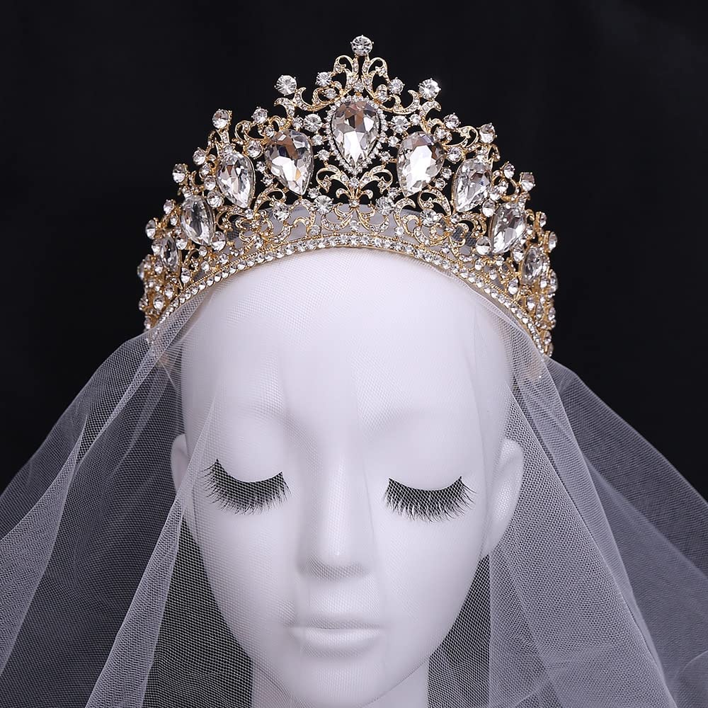 Ręcznie robione barokowe kolorowe kryształowe tiary korony duże Rhinestone Diadem welon Tiara opaski ślubne ślubne akcesoria do włosów obręcz do włosów (kolor metalu: złoty czerwony)