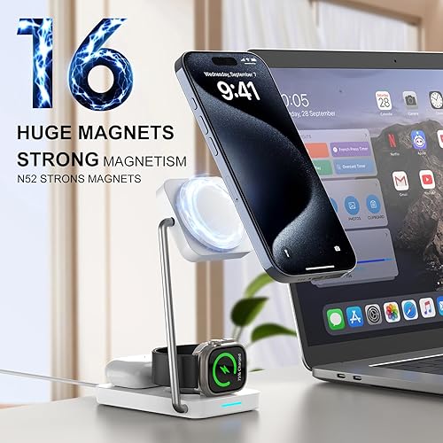 Miniatura 4 de Estación de carga inalámbrica 3 en 1, cargador inalámbrico magnético plegable PD20W para dispositivos Apple iPhone 12-16 Series Apple Watch AirPods