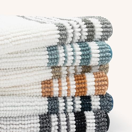 Miniatura 7 de FRESHMINT Juego de 2 alfombras de baño de felpilla a rayas, suaves para el suelo del baño, antideslizantes, lavables, juego de alfombras de baño de