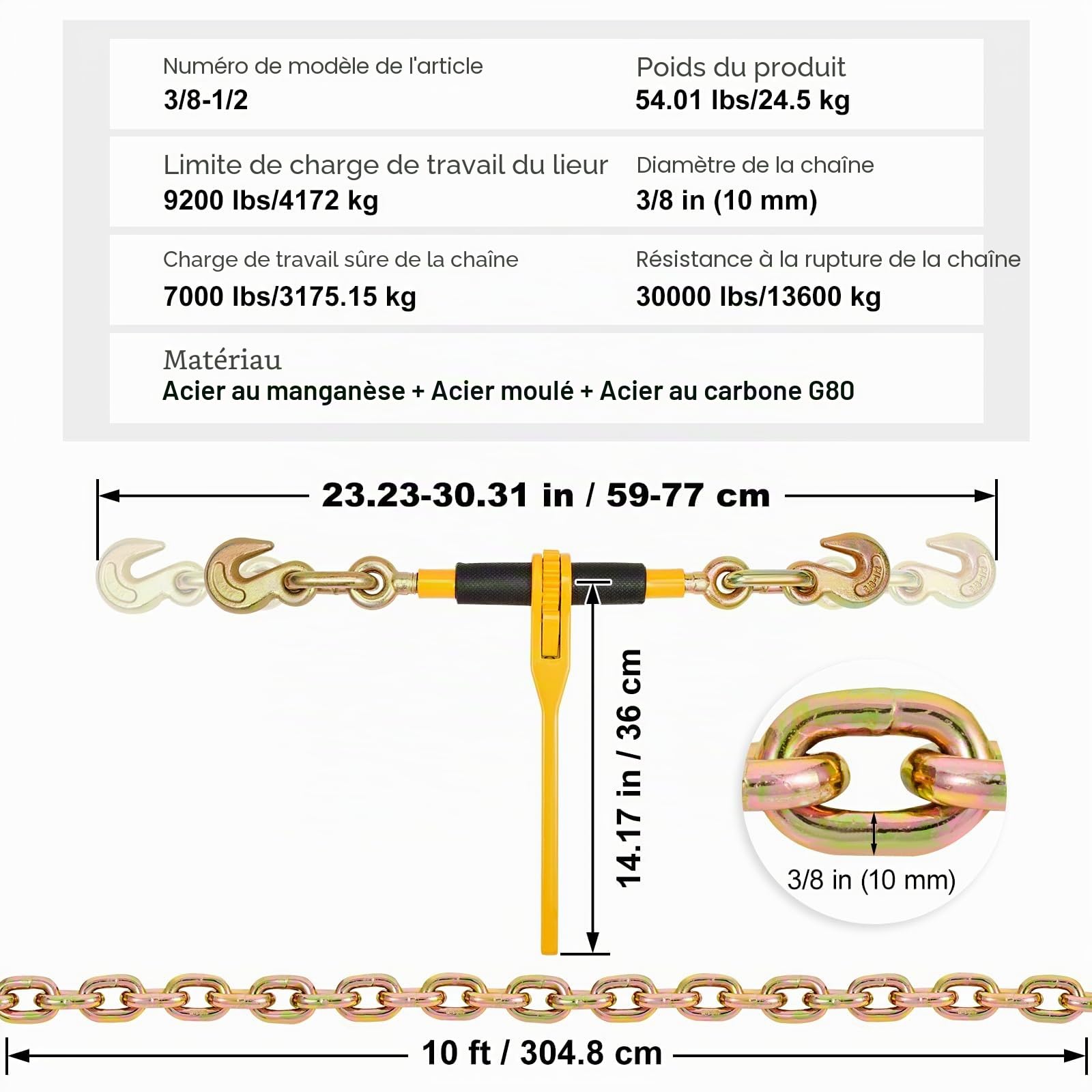VEVOR Kit Tendeur à Cliquet pour Chaîne d'Arrimage 10-12,7 mm avec Chaîne G80 10 mm x 304,8 cm, Charge de Travail Sécurisée 4172 kg, Lot de 2, Crochets de Préhension, pour Camion, Transport, Remorque