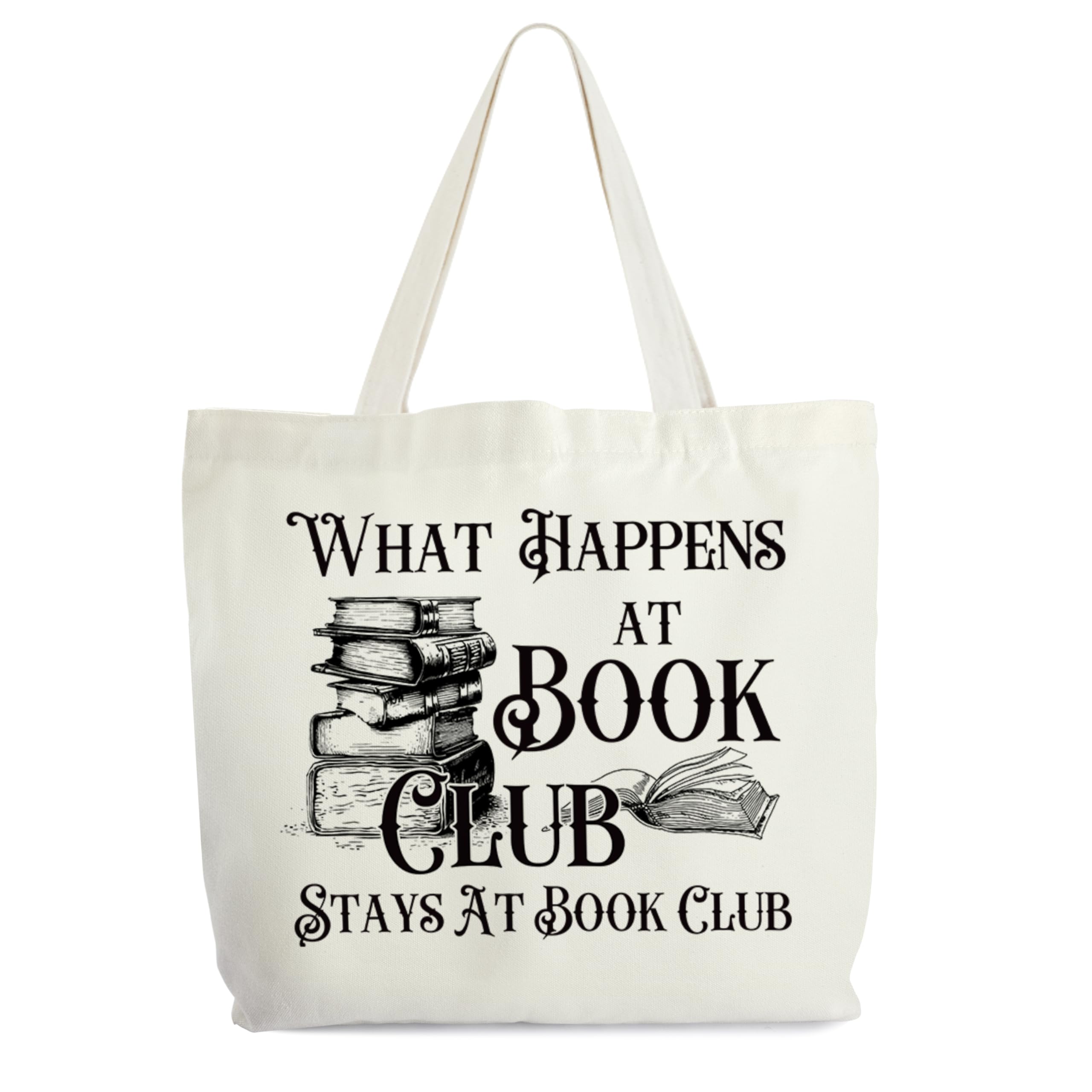 Levitatinyear Book Club Gift Totes for Women, What Happens At Book Club Canvas Tote, Book Lover Gifts, Bookish Library Book Bag, Reading Shoulder Bag