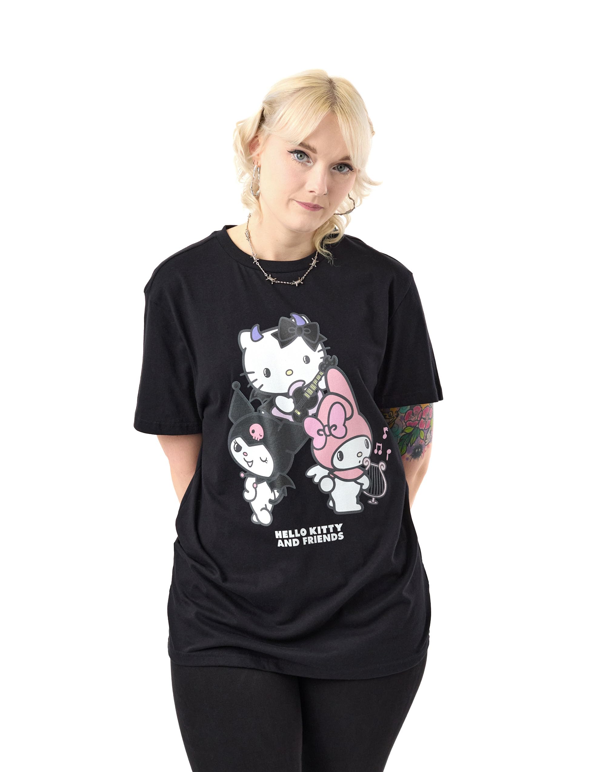 Hello Kitty Women's Black & Friends Short Sleeved T-Shirt | Rock Life Graphic Tee | Sanrio Character Apparel | Retro Style Top For & Girls