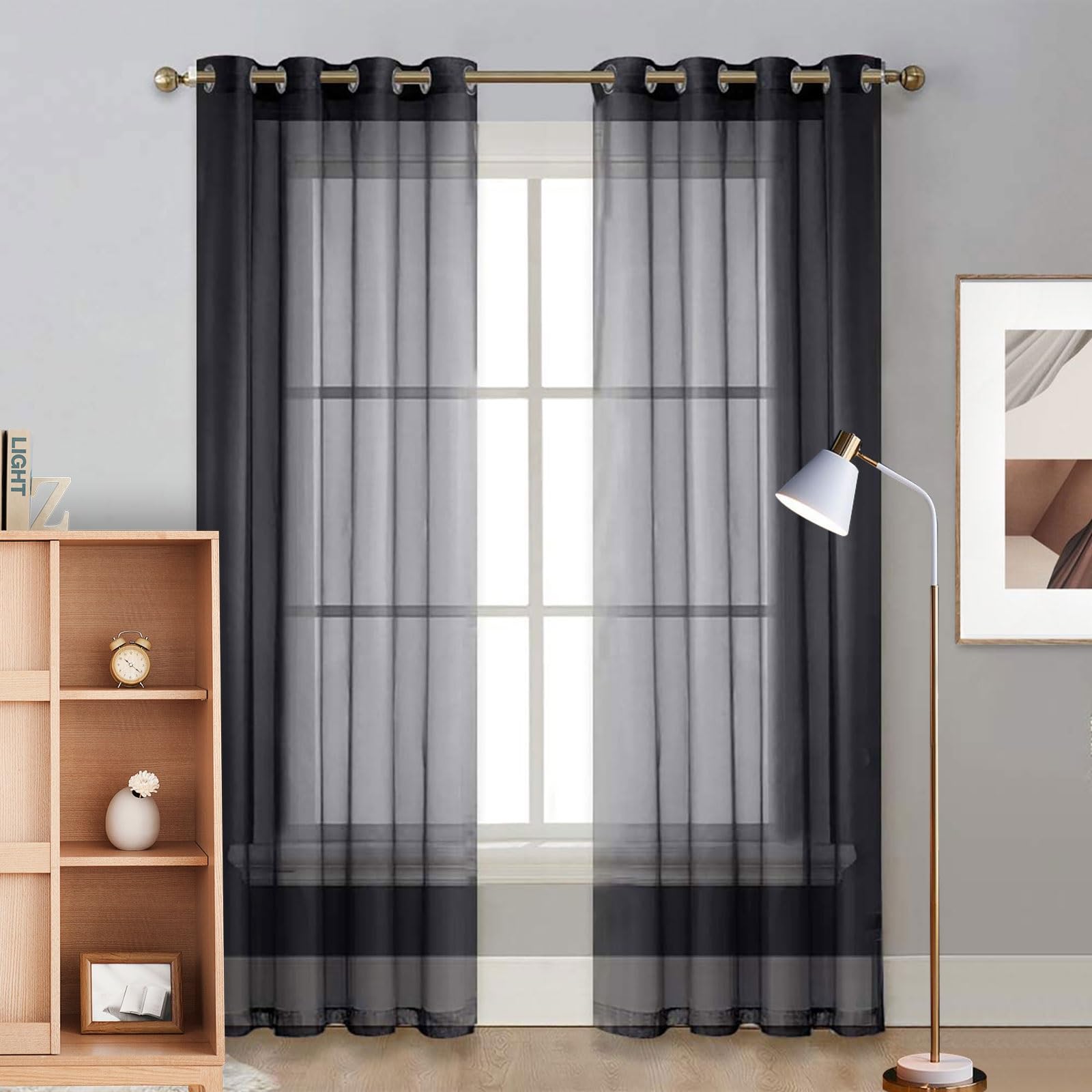 Voilages à passants noirs 150x105 cm | Rideau court en polyester