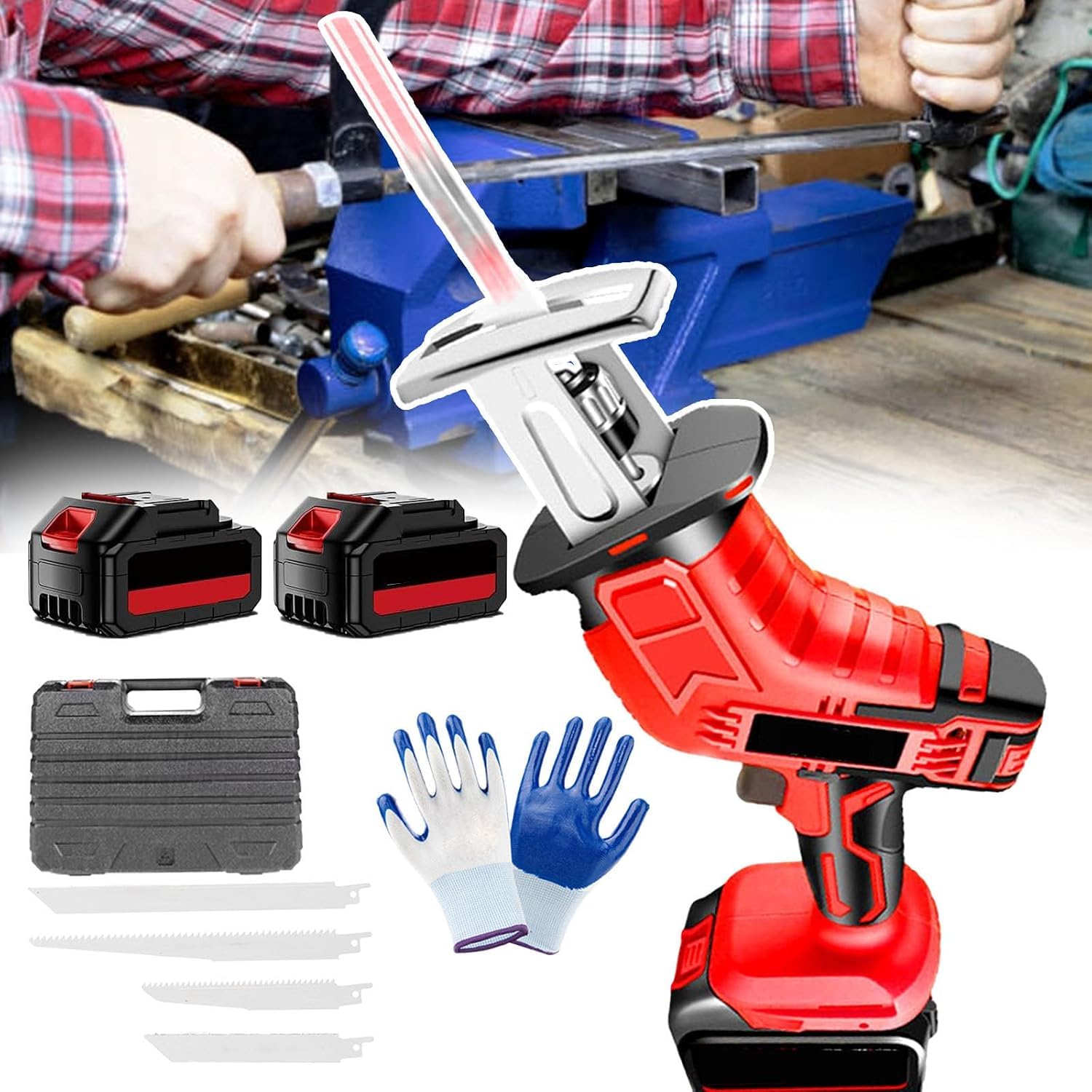 Kit de Sierra inalámbrica para Huesos con 4 Hojas, 2 Guantes, 2 baterías y Cargador rápido para Carne, Madera, Metal y PVC.
