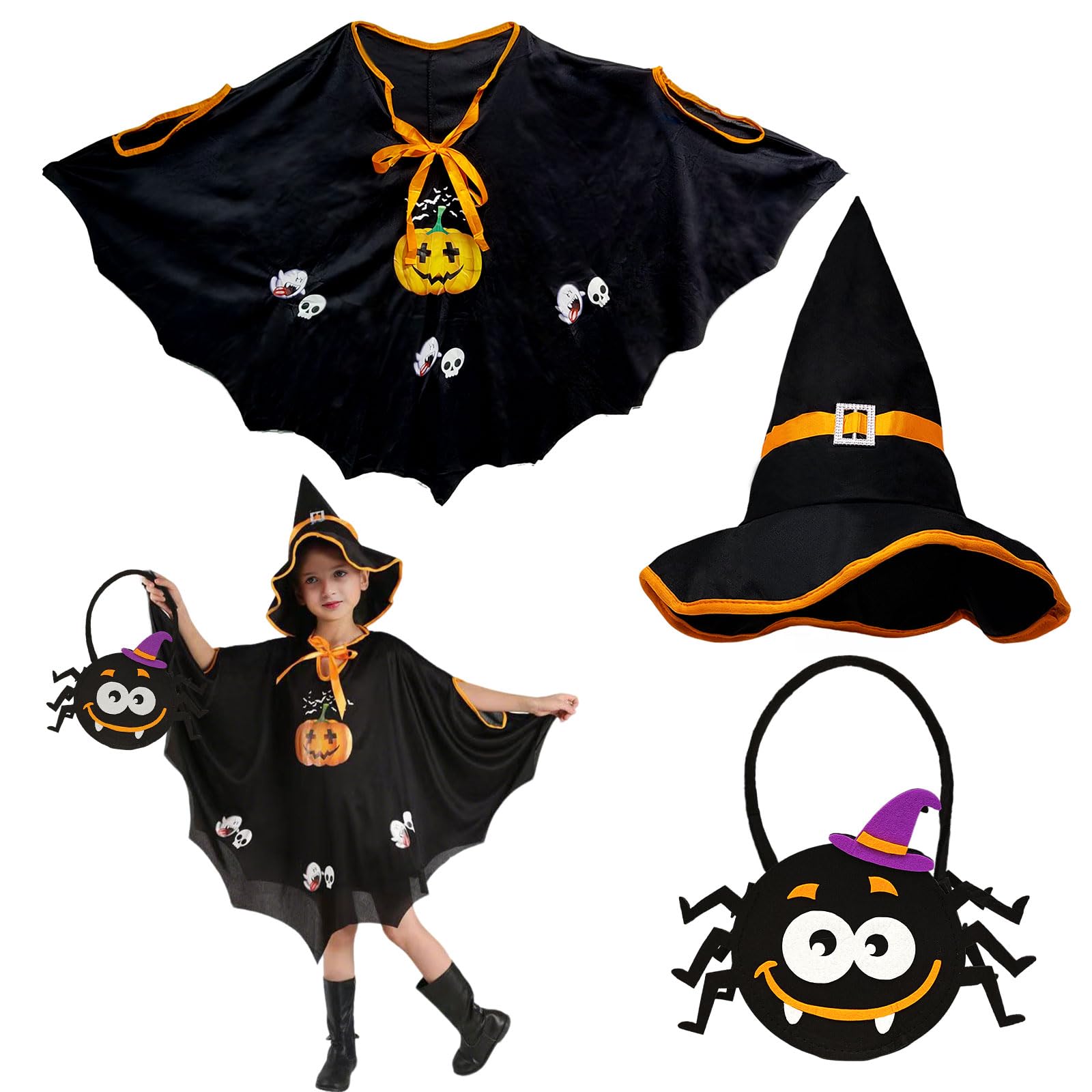 YAUOIPI Halloween Cape Costume Children,Black Pumpkin Cloak Wizard Hat Bat Candy Bag,Suitable for Height 90-150 cm Boys Girls,for Vampires Role Playing Stage Performance Halloween Christmas (Black)