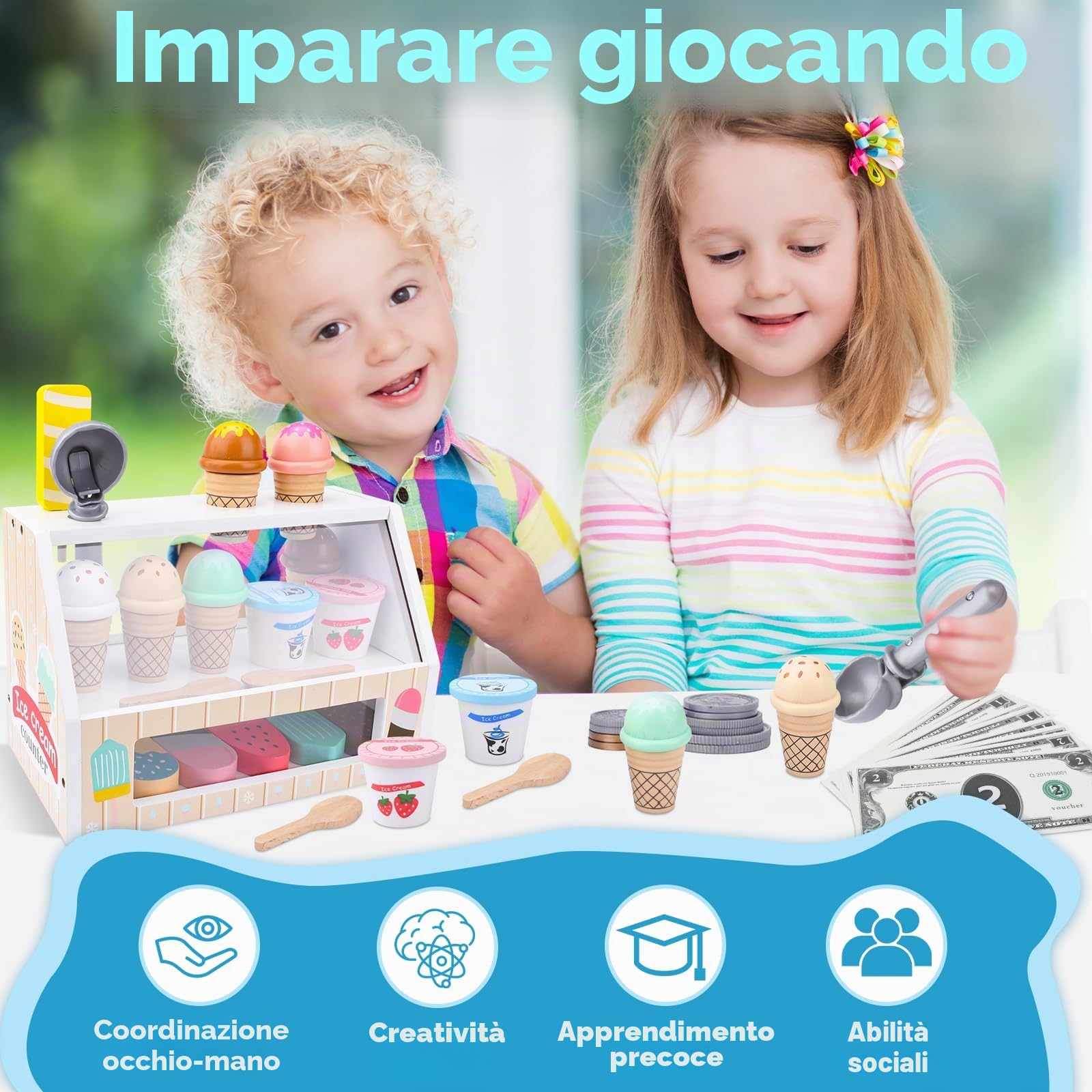 Gelateria Giocattolo per Bambini,Giocattolo per Gelato in Legno,Montessori Gioco di Ruolo Educativo Regalo per Bambini,Gelateria Giocattoli in Legno per Bambini da 3 4 5 6 Anni Ragazzi Ragazze