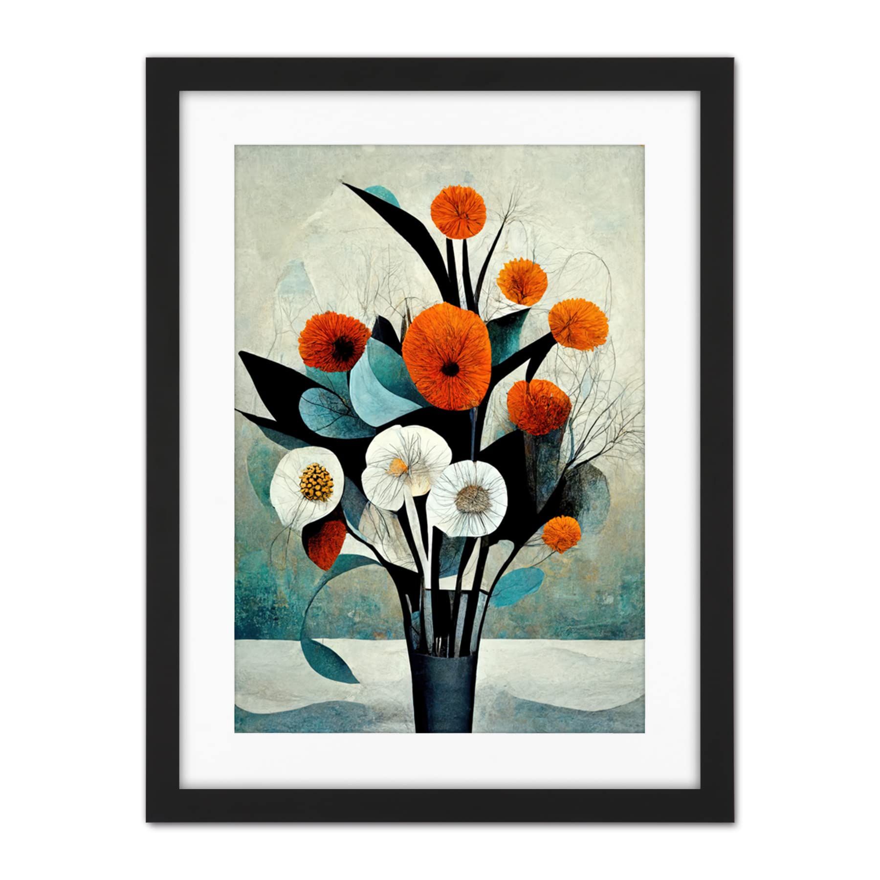 Doppelganger33 LTD Flowers Floral Display Bouquet Modern Abstract Teal Orange Artwork Framed Wall Art Print 18X24 Inch