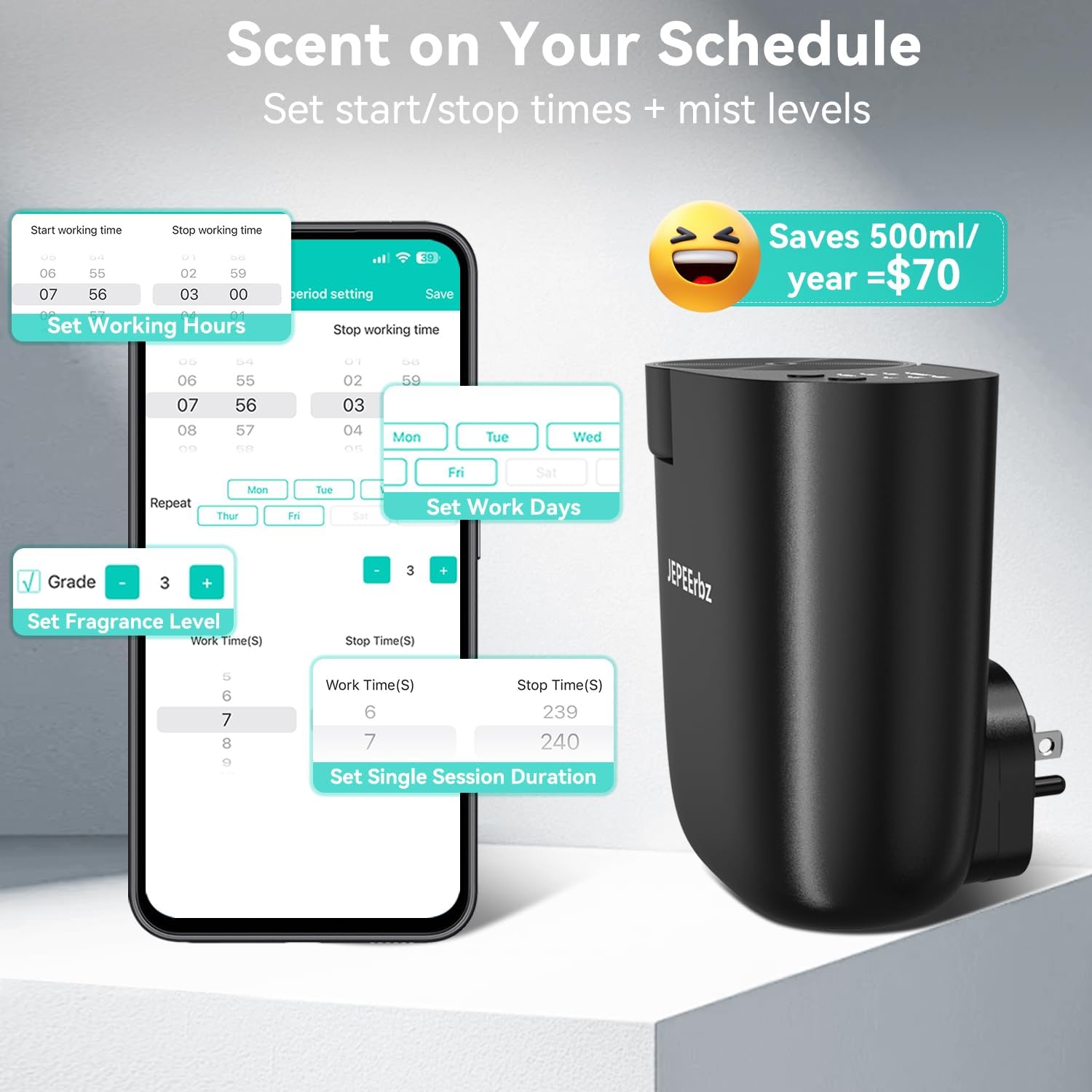 Waterless Diffuser, Plug in Diffuser for Essential Oils,Waterless Essential Oil Diffuser in Wall, Smart Bluetooth App Control, Up to 500 Sq.ft Coverage, Black - Image 3