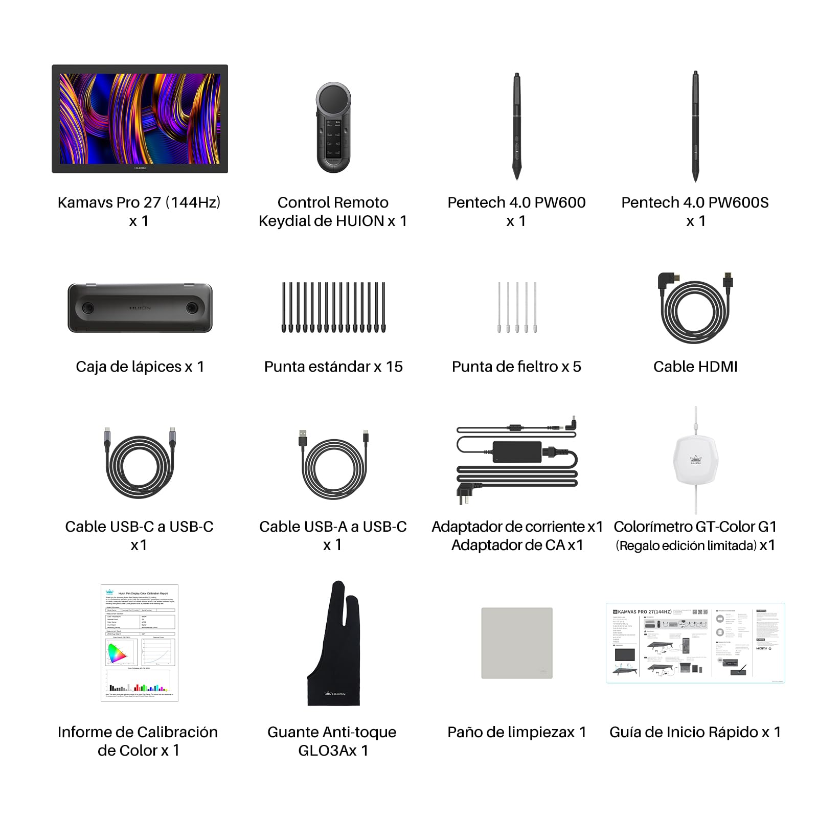 HUION KAMVAS Pro 27 (144Hz) 4K UHD Tableta Gráfica con Pantalla para Dibujo Digital, Lápiz PenTech 4.0 (16384 Niveles), Vidrio Canvas 3.0, △E<1, 98% Adobe RGB, Táctil + Control Remoto Keydial