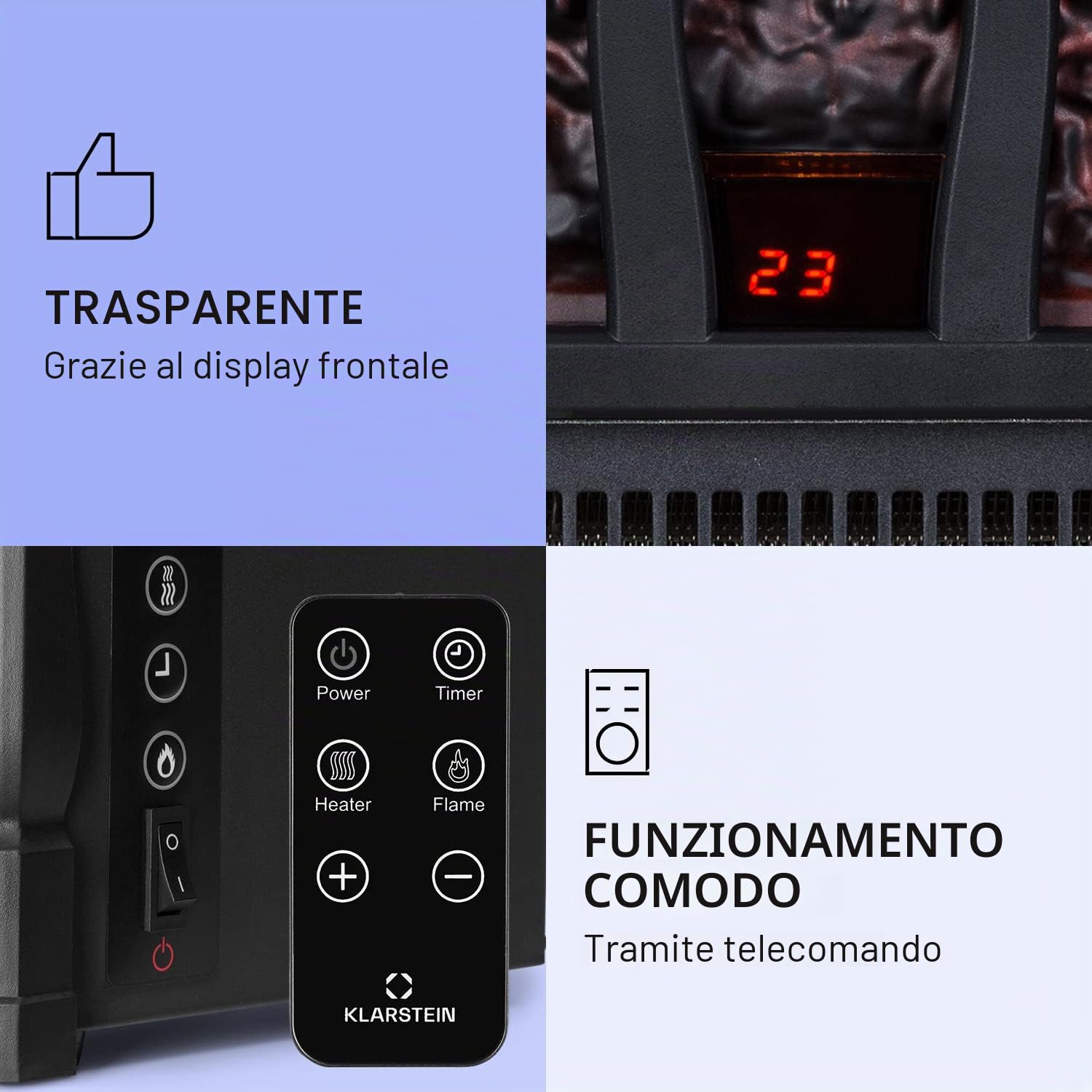 Klarstein Camino Elettrico, Caminetto Elettrico 1800 W, Camino Finto a Riscaldamento Elettrico a Basso Consumo, Fuoco Finto LED, Spazio per Legna, Termocamino con Telecomando, Termostato e Timer