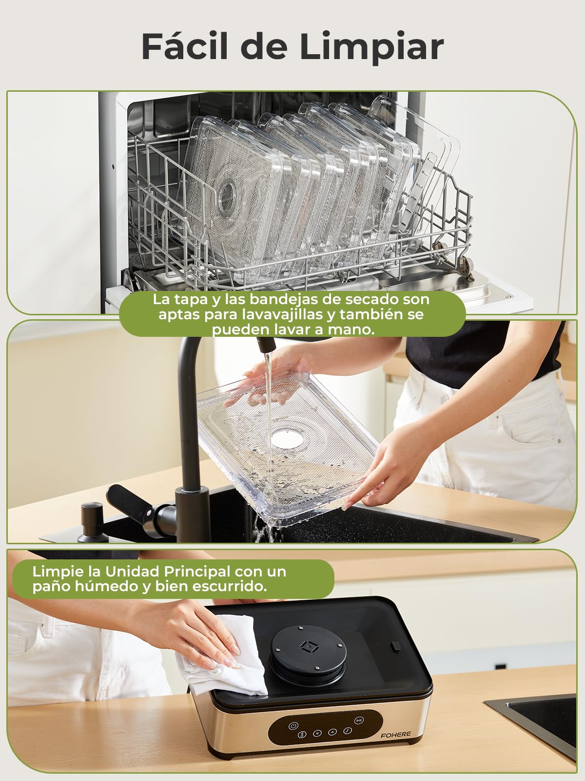 FOHERE Deshidratador de Alimentos, 6 Bandejas de Acero Inoxidable, 35-70°C | Temporizador de 48H, 400W, 3 Frasco de Almacenamiento, Molde de Silicona para Barras de Cereales, para Frutas Verduras Carne