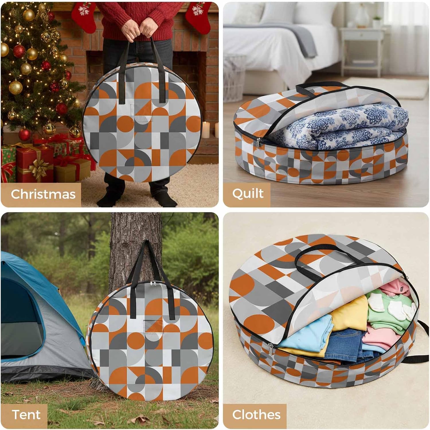 Nordic Retro Round Storage Bag 36 Inch, Orange Grey Geometric Abstract Art Clothes Storage Container with Handles Heavy Duty Organizer for Comforter, Bedding & Holiday Wreaths