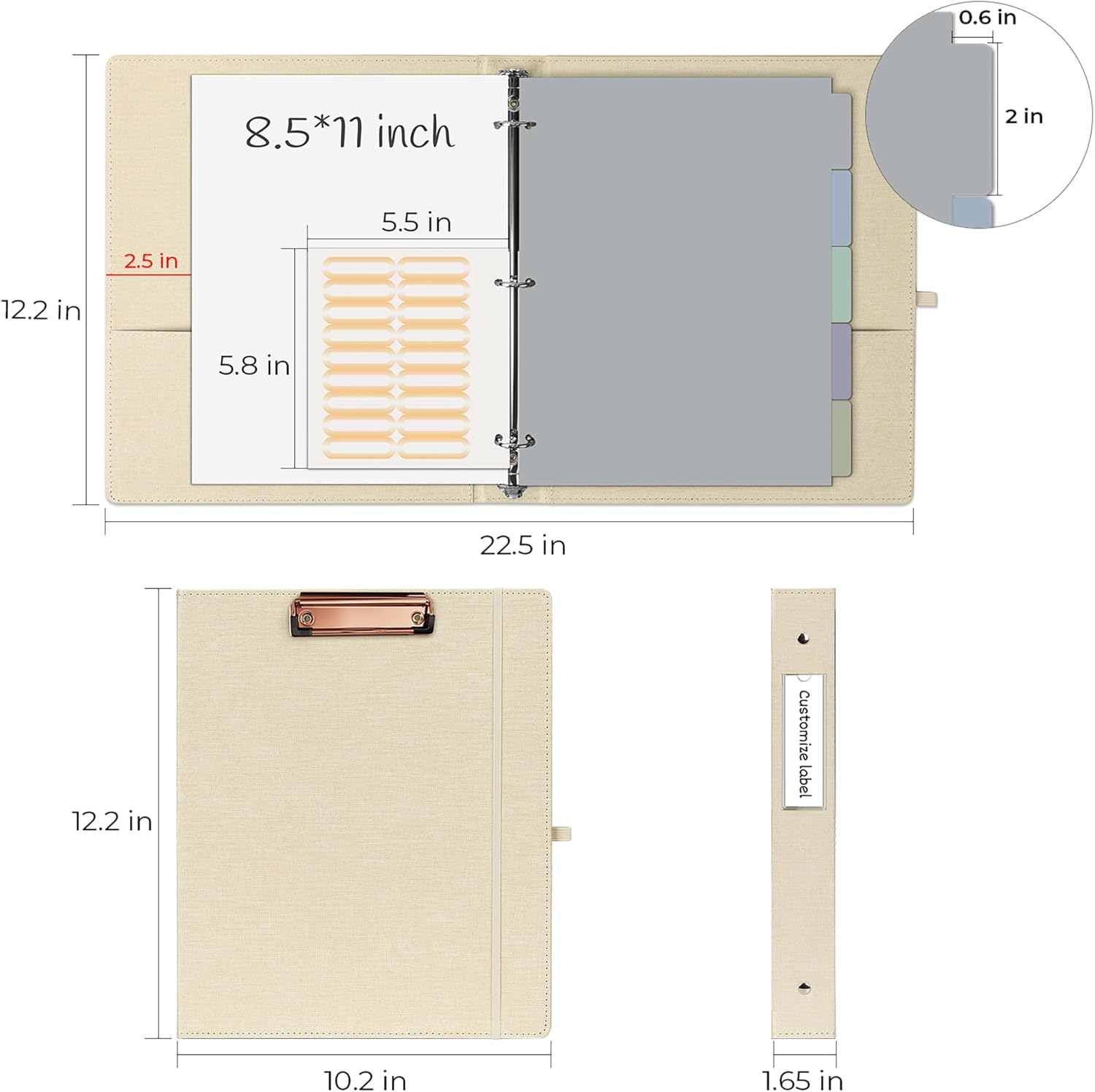 EYROZILL 3 Ring Binder, 1 Inch Linen Binder Organizer for Letter Size (8.5" x 11") with 5 Tab Dividers, File Folder Labels and Low Profile Clipboards, School and Office Supplies-Apricot