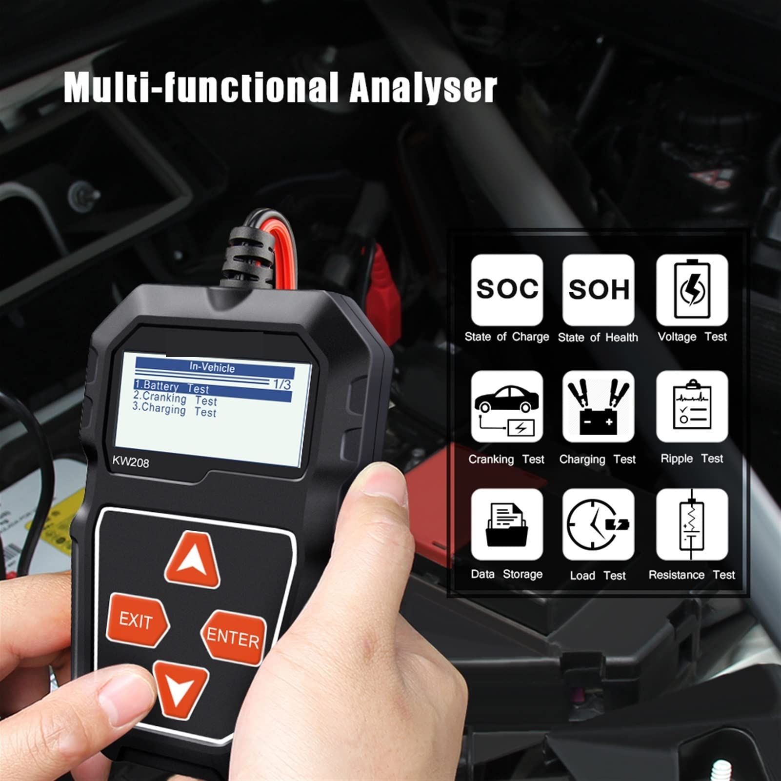 Probador de Batería, Probador de batería digital Kw208 PRINCIPAL DE LA BATERÍA COCHES SISTEMA CARGA 12V Herramienta prueba Motor Automotriz Capacidad la