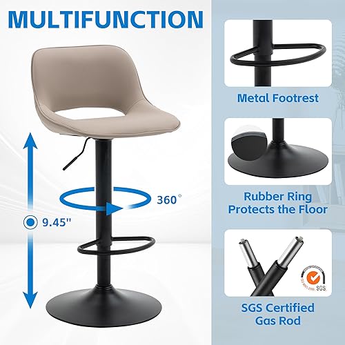 Miniatura 3 de YOUNIKE Juego de 2 taburetes de bar compactos y modernos, taburetes de bar ajustables de altura de mostrador, sillas de bar tapizadas de piel