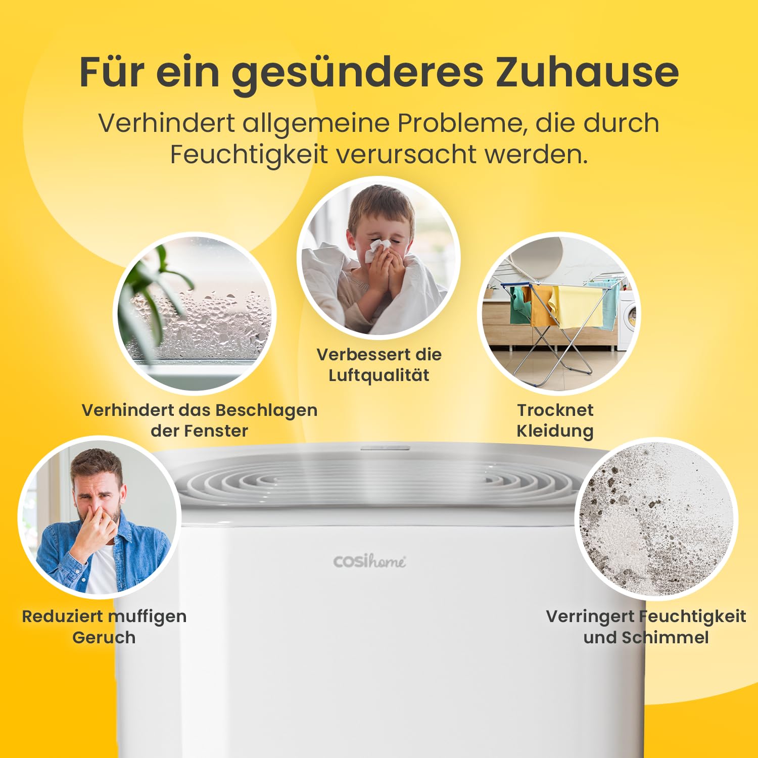 Cosi Home Luftentfeuchter 12L in 24h Entfeuchtungsleistung - Raumgröße ca. 160m³ (~10 m²) - Luftentfeuchter elektrisch mit Feuchtigkeitssensor, Ablaufschlauch, Timer - Gegen Feuchtigkeit, Schimmel