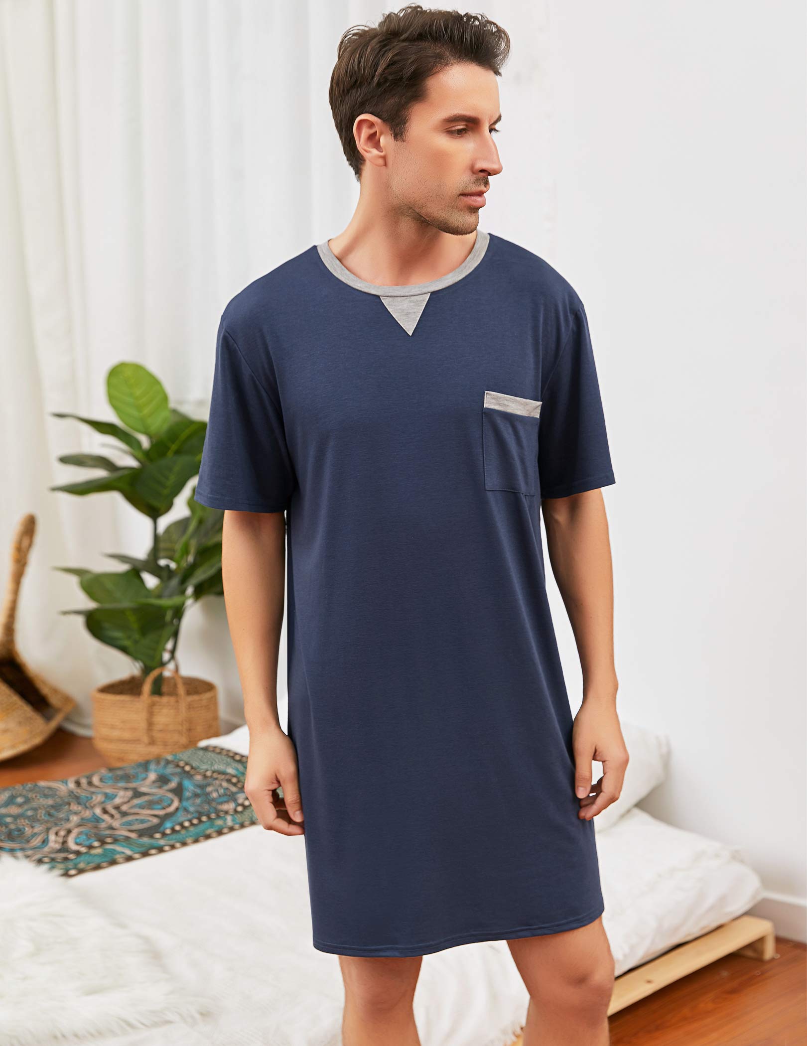 Enjoyoself Herren Baumwolle Pyjama Tops Weich Atmungsaktiv Nachthemd Knielang Nachtshirts Kurzarm Nachtwäsche Lounge Wear