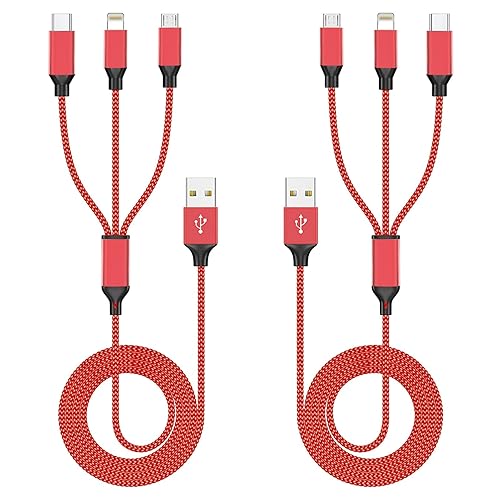 Cable de carga múltiple 3 en 1 [2 unidades de 4 pies], cable USB de nailon trenzado rojo y cargador de viaje para múltiples dispositivos, cargador