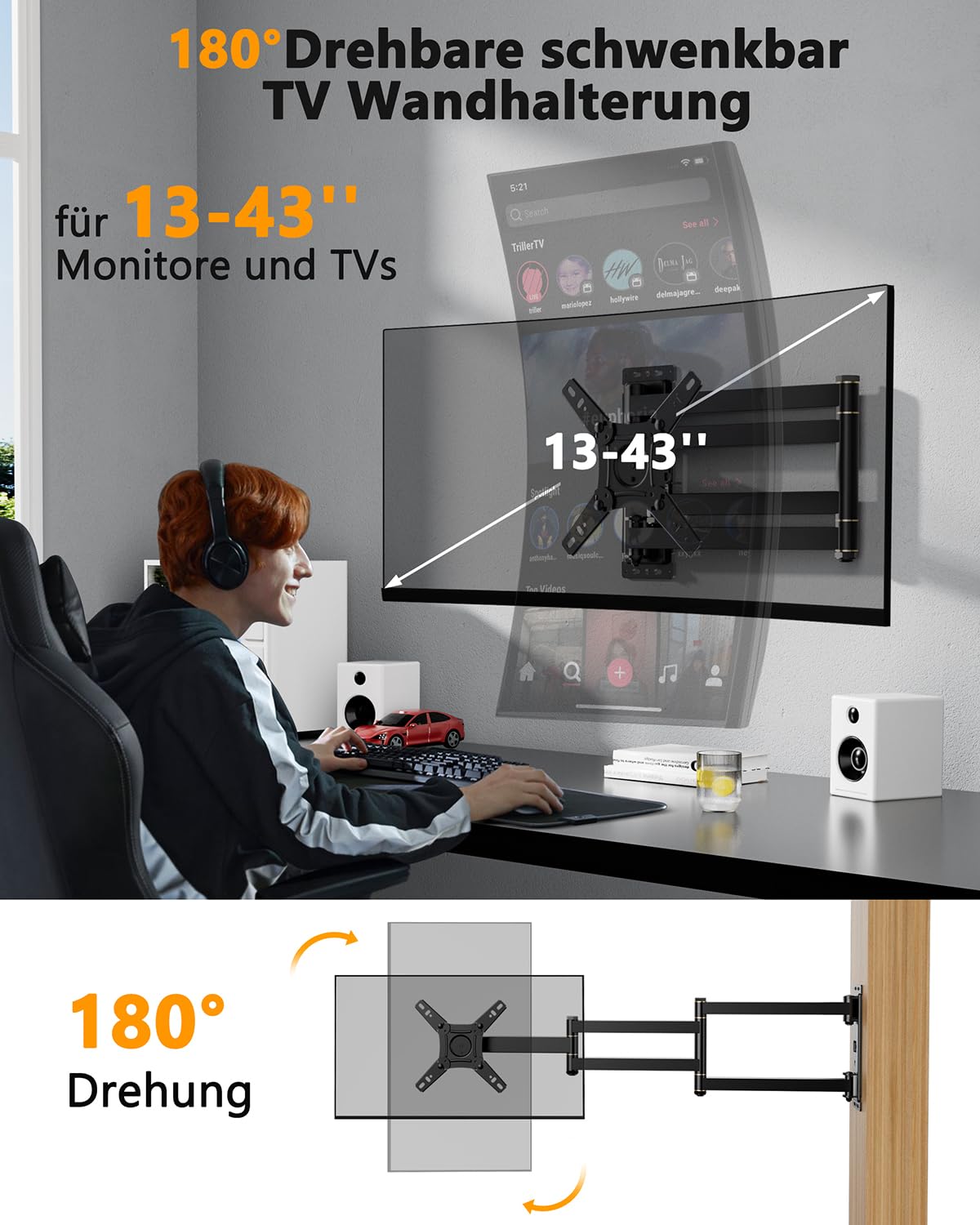 TV Wandhalterung mit 1036mm Langem Arm WHYFONE 180° Drehung Fernseher Wandhalterung Schwenkbar Ecke TV Halterung für 13-43 Zoll Flach & Curved Fernseher oder Monitor bis 25kg, max. VESA 200x200mm