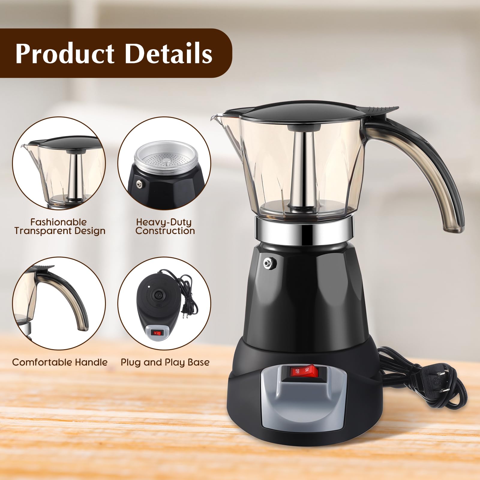 Cafetera italiana eléctrica cafetera cafetera clásica espresso 6 tazas aluminio café moca con base desmontable máquina portátil 300 ml cafeteras