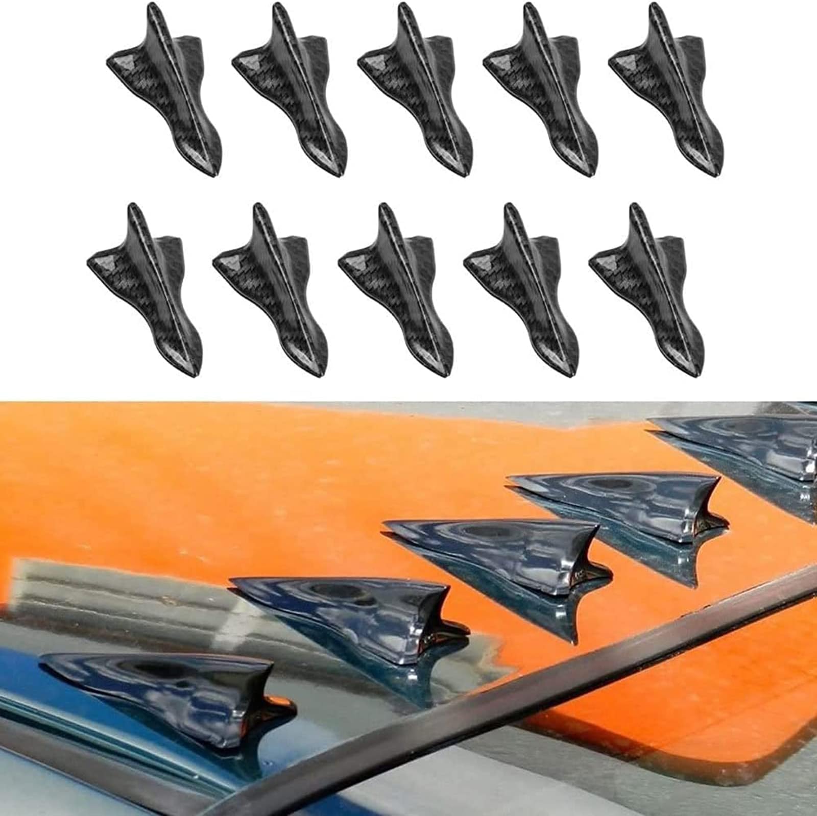 RULLINE Air Vortex Generator Diffuser Shark Fin 10-Piece Kit Spoiler Roof Wing Pointed End Style Carbon Fiber Pattern