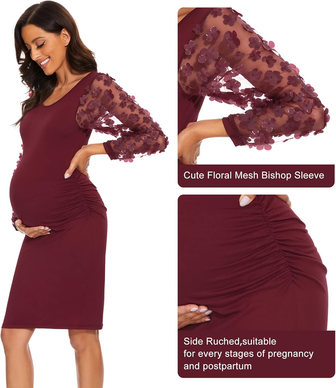 Floral Mesh Bishop Long Sleeve Maternity Midi Dress, Fall Maternity Bodycon Dress for Baby Shower - Image 5