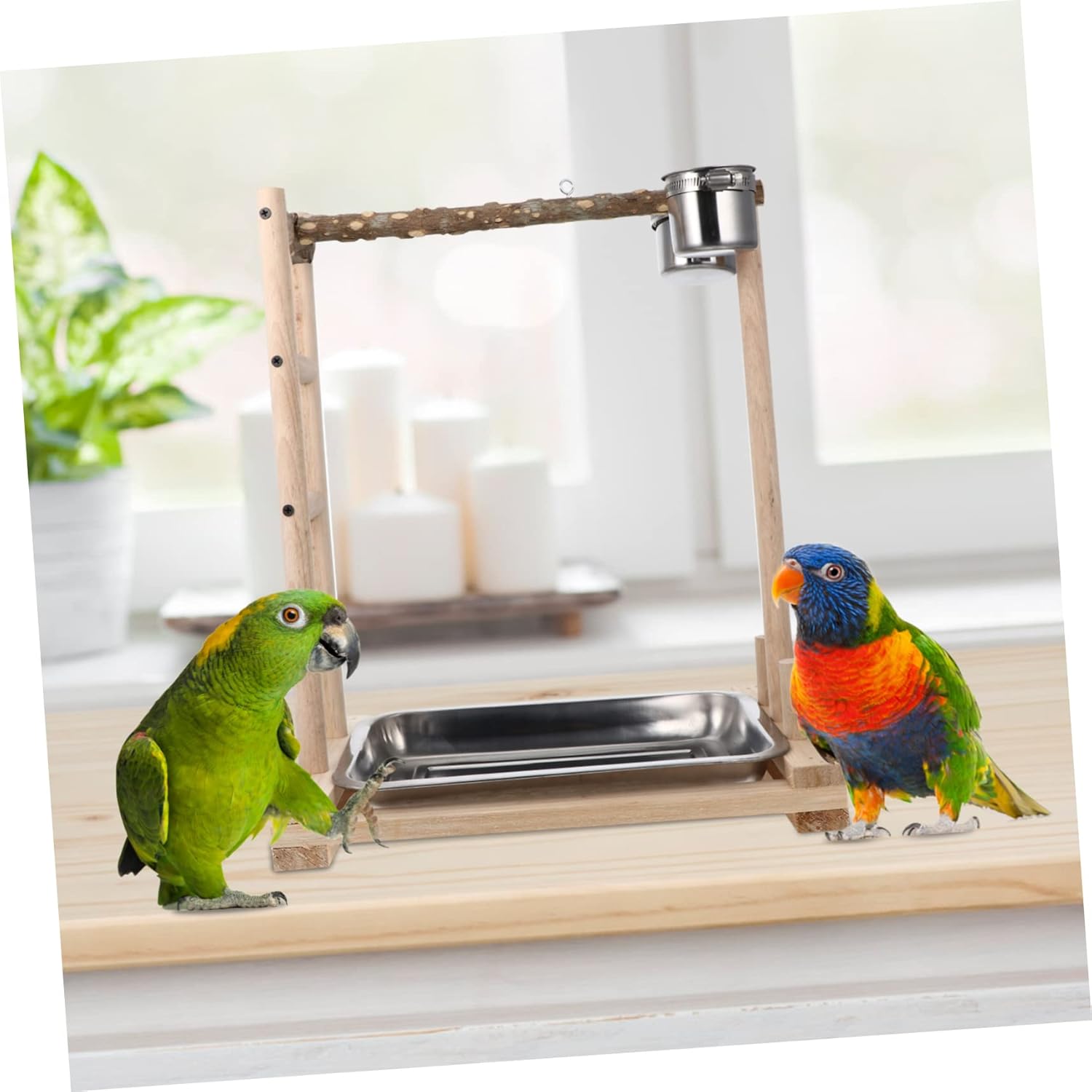 POPETPOP Stainless Steel Bird Feeder Ladder Parrot Playground Feeding Rack Sturdy PET Bird Stand for Parrots Easy to Clean Includes Removable Tray