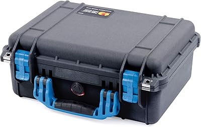 Pelican Color Case Black 1450 case with Blue Handle and latches. Comes with Foam.
