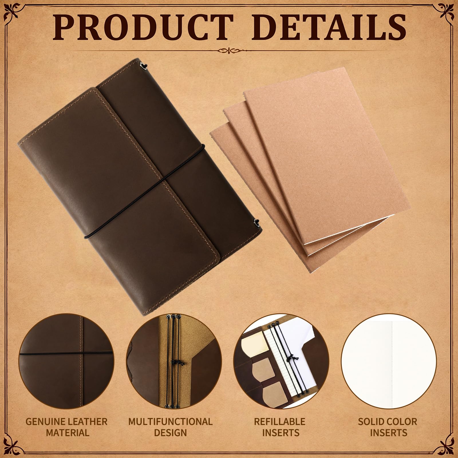 Sabary Juego de 4 fundas de cuero para diario de viajeros, tamaño A5, rellenables, 3 bolsillos interiores A5, ranuras para tarjetas, soporte para bolígrafos, para hombres y mujeres, regalo para