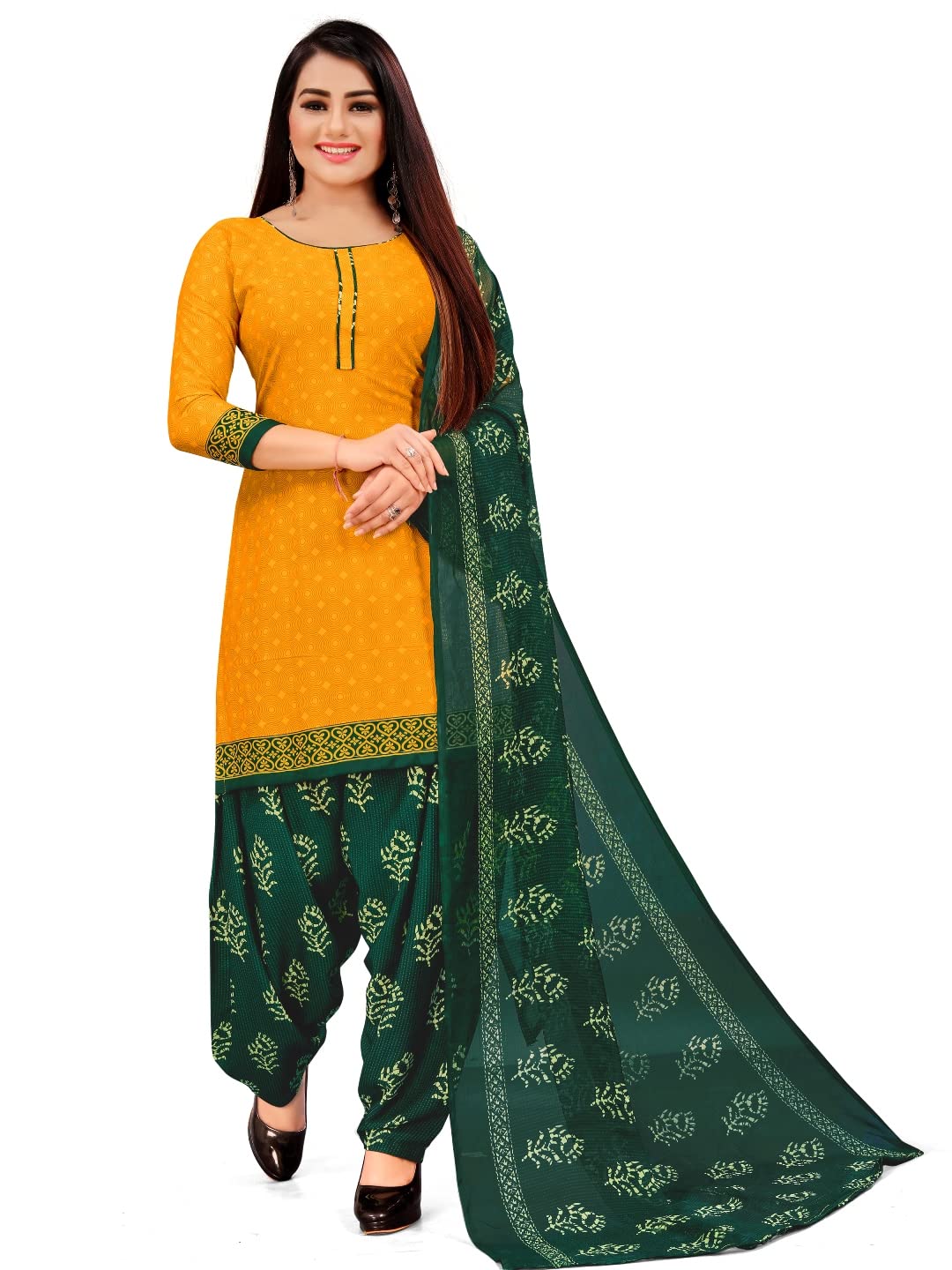 Unstitched Printed Crepe Kurta & Patiyala Dress Material With Dupatta Printed (Mustard)-image-4