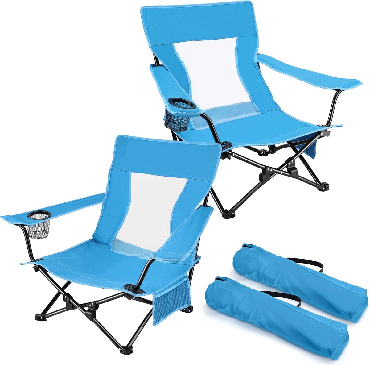 Beach Camping Chair (2 Pack), Folding Chair for Adults (Blue) | Heavy Duty Outdoor Portable Chair with Armrest for Outside Lawn, Sport, Fishing, Cup Holder & Storage Pocket, Carry Bag