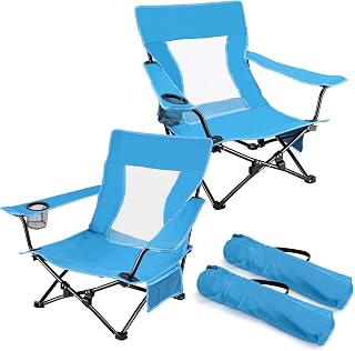 Joyfair Beach Camping Chairs (2 Pack) - Low Profile Heavy Duty Folding Lawn Chairs, 250 LBS Capacity, Cup Holder, Portable for Beach & Camping, Blue