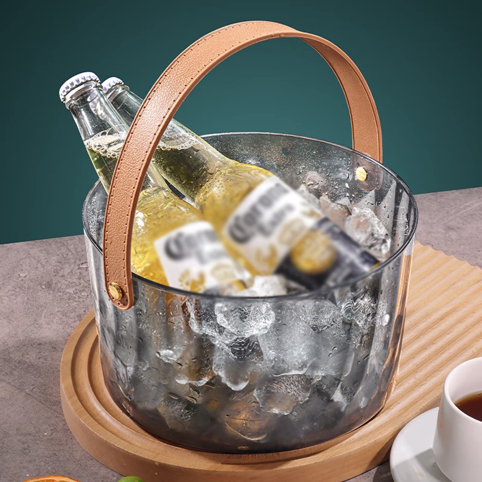 Fiesta Cubitera de acrílico gris con mango cuero marrón, 3 litros, moderna, lujosa, grande, portátil, cómoda, asa transporte, ideal for bar en casa, cerveza fría y champán Recipiente para bebidas