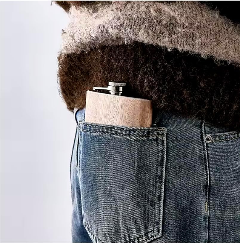 Wooden Whiskey Flask – Leak-Proof Stainless Steel Pocket Flask, Slim Wood Hip Flask for Men, Groomsmen Gift or Camping Adventure