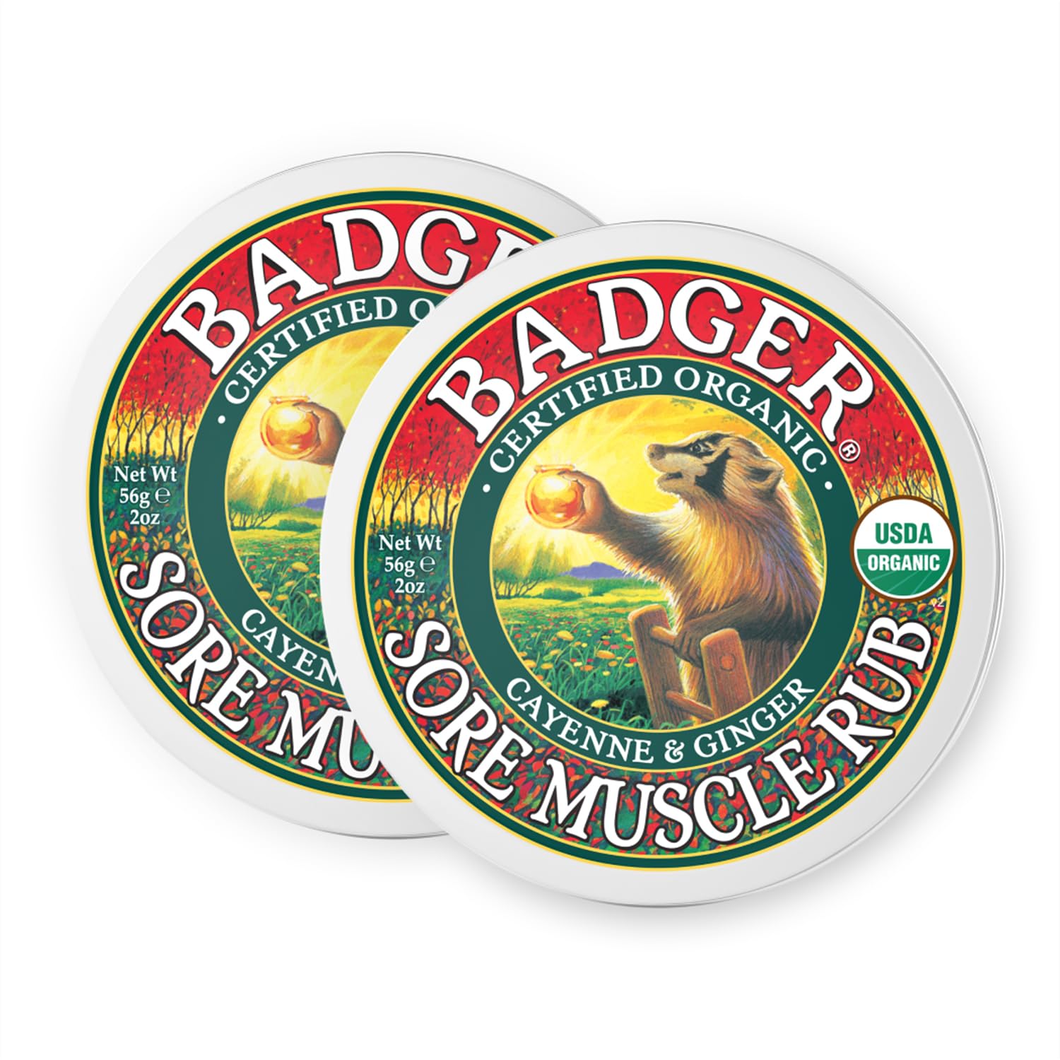 Badger Sore Muscle Rub, 100% Organic Sore Muscle Cream, Cayenne & Ginger Warming Sore Muscle Relief, Recovery & Relaxation, Long Lasting, Great Smelling, 2 oz Tin, 2-Pack