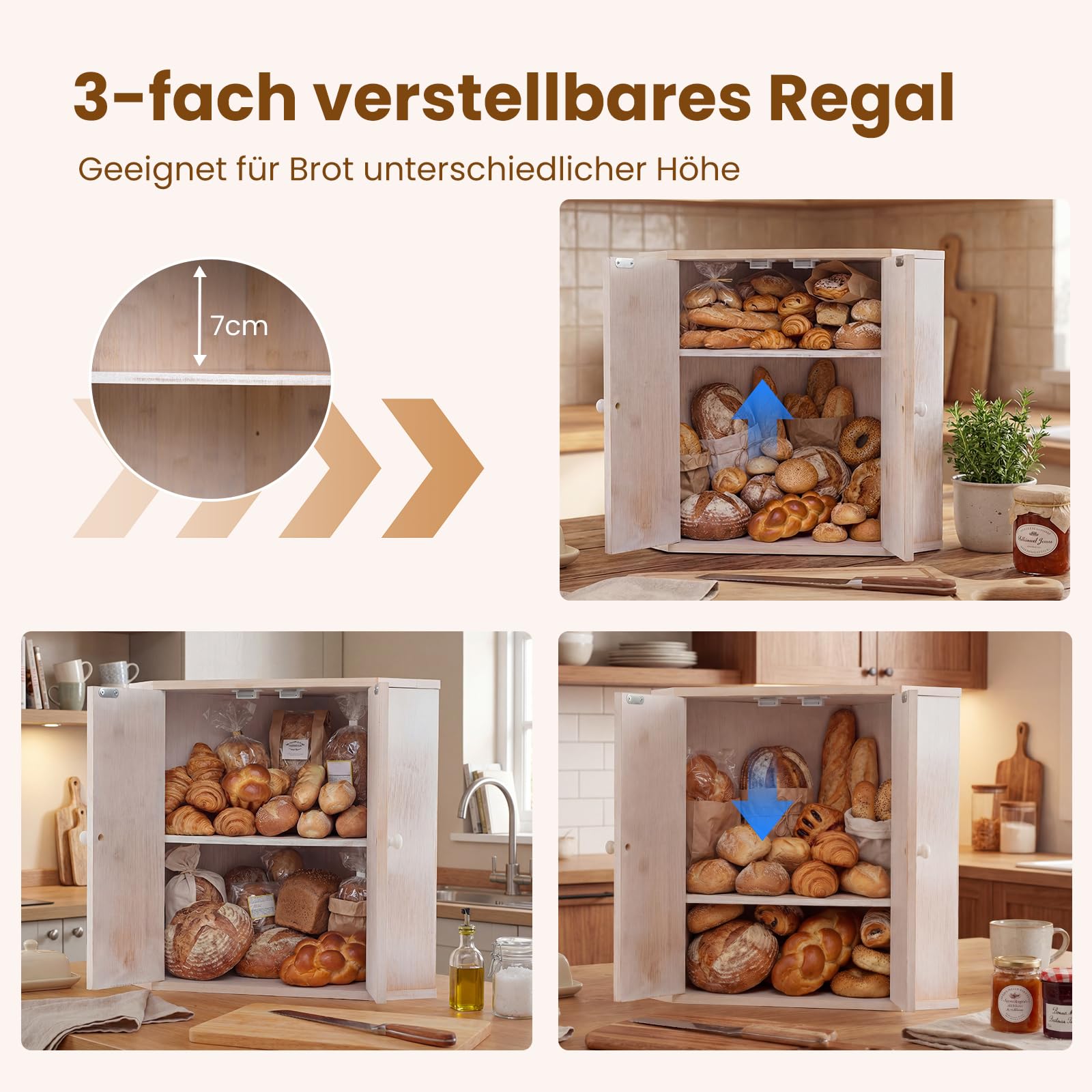 COSTWAY Brotkasten Bambus, Eck Brotbox 2 Etagen, Brot Aufbewahrungsbox mit verstellbarem Regal & 2 Türen, großer Brotbehälter für Küche, Bread Box stilvoll, 31 x 31 x 41 cm, Vintage
