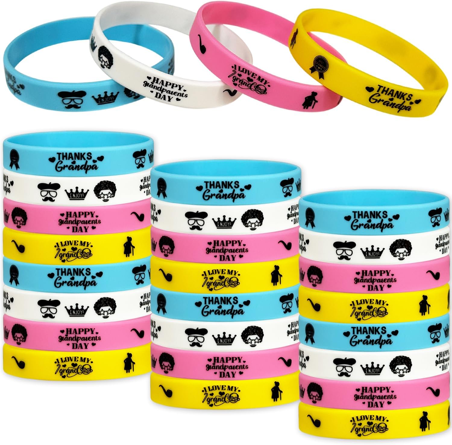 Happy Grandparents Day Rubber Bracelets - Grandma & Grandpa Party Favors - Bulk Happy Grandparents Day Silicone Wristbands - Grandparents Party Supplies Goodie Bag Bracelets Stuff Filler - Set of 24