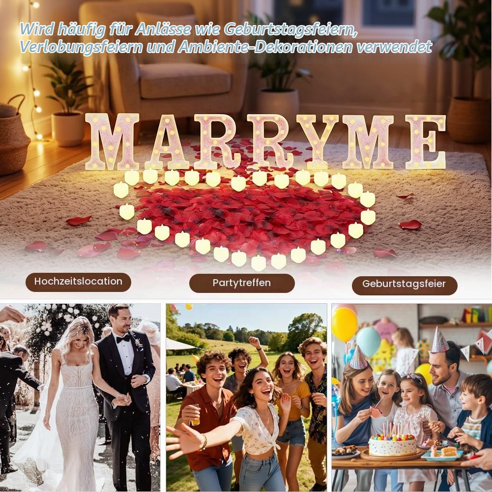 LOMUG Rosa MARRY ME Leuchtbuchstaben als Dekoration für Heiratsanträge, MARRY ME-Schild mit 24 flammenlosen Herzkerzen, 2000 Rosenblättern für Heiratsanträge, romantische Nachtdekoration